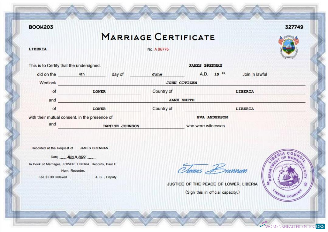 Download Liberia marriage certificate Word and PDF template Photoshop template